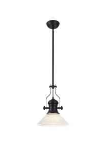 Peninaro 1 Light Pendant E27 With 30cm Cone Glass Shade, Matt Black/Clear