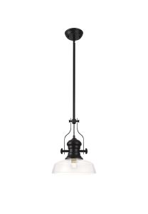 Peninaro 1 Light Multi Height Pendant E27 With 30cm Flat Round Glass Shade, Matt Black/Clear