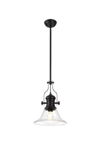 Peninaro 1 Light Multi Height Pendant E27 With 30cm Smooth Bell Glass Shade, Matt Black/Clear