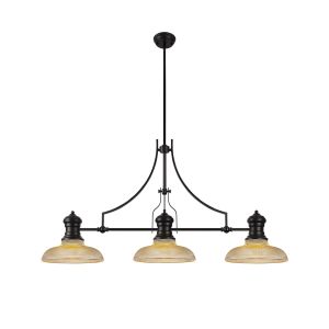 Peninaro 3 Light Linear Multi Height Pendant E27 With 30cm Round Glass Shade, Matt Black, Amber