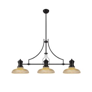 Peninaro 3 Light Linear Pendant E27 With 30cm Round Glass Shade, Matt Black, Amber