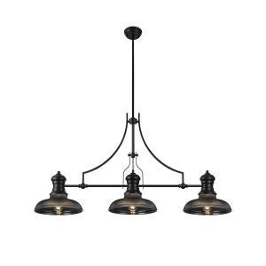 Peninaro 3 Light Linear Multi Height Pendant E27 With 30cm Round Glass Shade, Matt Black, Smoked