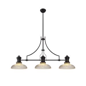 Peninaro 3 Light Linear Multi Height Pendant E27 With 30cm Round Glass Shade, Matt Black, Clear