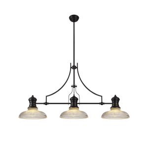 Peninaro 3 Light Linear Pendant E27 With 30cm Round Glass Shade, Matt Black, Clear