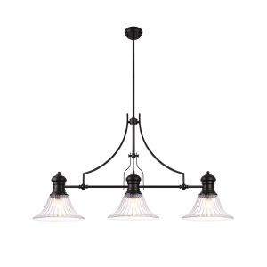 Peninaro 3 Light Linear Multi Height Pendant E27 With 30cm Bell Glass Shade, Matt Black, Clear