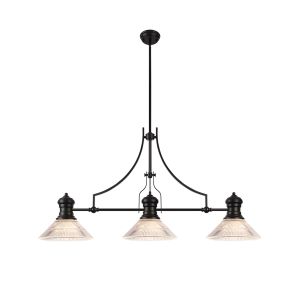 Peninaro 3 Light Linear Multi Height Pendant E27 With 30cm Cone Glass Shade, Matt Black, Clear