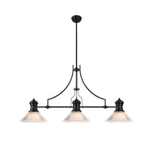 Peninaro 3 Light Linear Pendant E27 With 30cm Cone Glass Shade, Matt Black, Clear