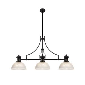 Peninaro 3 Light Linear Multi Height Pendant E27 With 30cm Dome Glass Shade, Matt Black, Clear