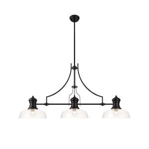 Peninaro 3 Light Linear Multi Height Pendant E27 With 30cm Flat Round Glass Shade, Matt Black, Clear