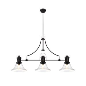 Peninaro 3 Light Linear Multi Height Pendant E27 With 30cm Smooth Bell Glass Shade, Matt Black, Clear