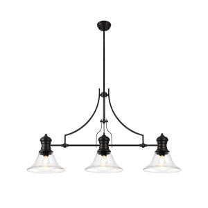 Peninaro 3 Light Linear Pendant E27 With 30cm Smooth Bell Glass Shade, Matt Black, Clear