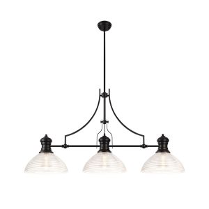 Peninaro 3 Light Linear Multi Height Pendant E27 With 33.5cm Prismatic Glass Shade, Matt Black, Clear