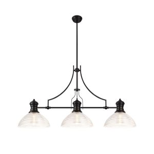 Peninaro 3 Light Linear Pendant E27 With 33.5cm Prismatic Glass Shade, Matt Black, Clear