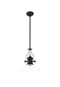 Peninaro Multi Height Pendant With 38cm Flat Round Shade, 1 x E27, Matt Black/Clear Glass