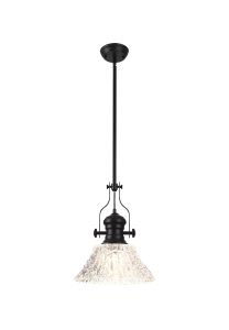 Peninaro Multi Height Pendant With 38cm Patterned Round Shade, 1 x E27, Matt Black/Clear Glass Item Weight: 6.5kg