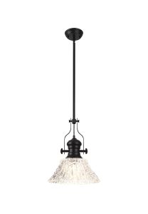 Peninaro Pendant With 38cm Patterned Round Shade, 1 x E27, Matt Black/Clear Glass