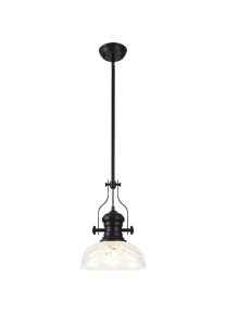 Peninaro Multi Height Pendant With 30cm Flat Round Patterned Shade, 1 x E27, Matt Black/Clear Glass