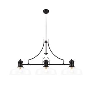Peninaro Linear Multi Height Pendant With 38cm Flat Round Shade, 3 x E27, Matt Black/Clear Glass
