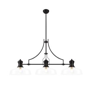 Peninaro Linear Pendant With 38cm Flat Round Shade, 3 x E27, Matt Black/Clear Glass