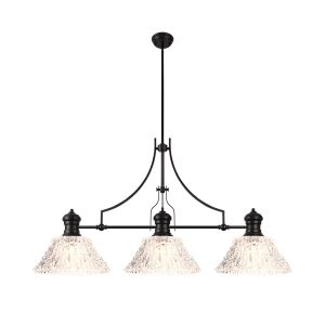 Peninaro Linear Multi Height Pendant With 38cm Patterned Round Shade, 3 x E27, Matt Black/Clear Glass Item Weight: 19.1kg