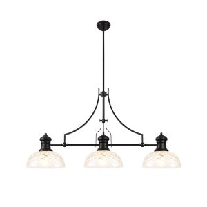 Peninaro Linear Multi Height Pendant With 30cm Flat Round Patterned Shade, 3 x E27, Matt Black/Clear Glass