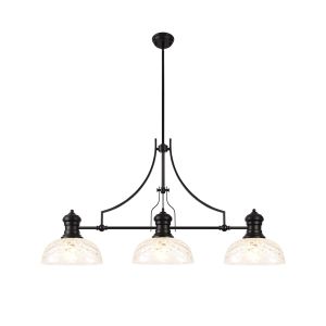 Peninaro Linear Pendant With 30cm Flat Round Patterned Shade, 3 x E27, Matt Black/Clear Glass