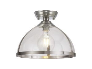 Peninaro 30cm Flush Ceiling Fitting, 1 x E27, Satin Nickel / Clear