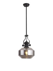 Peninaro 30cm Single Multi Height Pendant, 1 x E27, Round Champfered Glass, Matt Black / Smoke