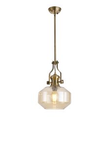 Peninaro 30cm Single Multi Height Pendant, 1 x E27, Round Champfered Glass, Antique Brass / Cognac