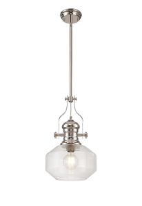 Peninaro 30cm Single Multi Height Pendant, 1 x E27, Round Champfered Glass, Polished Nickel / Clear