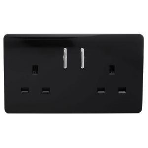 Trendi, Artistic Modern 2 Gang 13Amp Short Switched Double  Socket Gloss Black Finish, BRITISH MADE, (25mm Back Box Required), 5yrs Warranty