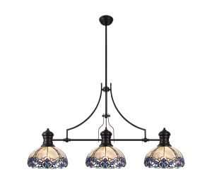 Pizza 3 Light Linear Pendant E27 With 30cm Tiffany Shade, Matt Black, Blue, Clear Crystal