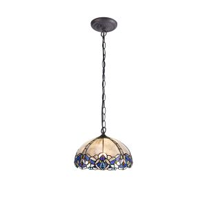 Pizza 1 Light Downlight Pendant E27 With 30cm Tiffany Shade, Blue/Clear Crystal/Aged Antique Brass