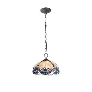 Pizza 2 Light Downlight Pendant E27 With 30cm Tiffany Shade, Blue/Clear Crystal/Aged Antique Brass