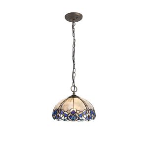 Pizza 3 Light Downlight Pendant E27 With 30cm Tiffany Shade, Blue/Clear Crystal/Aged Antique Brass