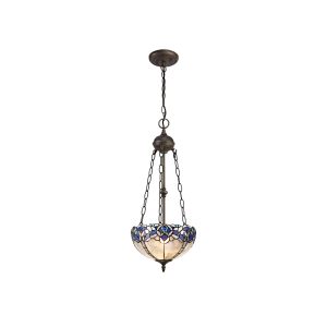 Pizza 2 Light Uplighter Pendant E27 With 30cm Tiffany Shade, Blue/Clear Crystal/Aged Antique Brass