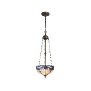 Pizza 3 Light Uplighter Pendant E27 With 30cm Tiffany Shade, Blue/Clear Crystal/Aged Antique Brass