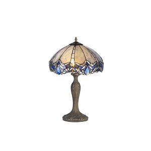 Pizza 2 Light Curved Table Lamp E27 With 40cm Tiffany Shade, Blue/Clear Crystal/Aged Antique Brass
