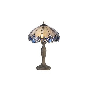 Pizza 2 Light Curved Table Lamp E27 With 40cm Tiffany Shade, Blue/Clear Crystal/Aged Antique Brass