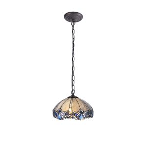 Pizza 41cm 1 Light Downlight Pendant E27 With 40cm Tiffany Shade, Blue/Clear Crystal/Aged Antique Brass