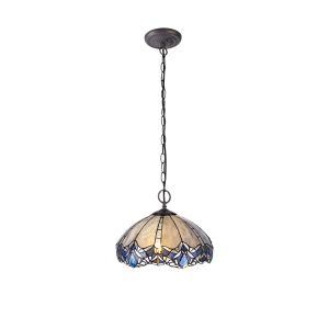 Pizza 2 Light Downlight Pendant E27 With 40cm Tiffany Shade, Blue/Clear Crystal/Aged Antique Brass