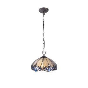Pizza 41cm 2 Light Downlight Pendant E27 With 40cm Tiffany Shade, Blue/Clear Crystal/Aged Antique Brass
