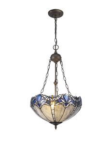 Pizza 41cm 2 Light Uplighter Pendant E27 With 40cm Tiffany Shade, Blue/Clear Crystal/Aged Antique Brass