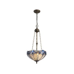 Pizza 3 Light Uplighter Pendant E27 With 40cm Tiffany Shade, Blue/Clear Crystal/Aged Antique Brass