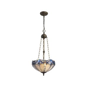 Pizza 41cm 3 Light Uplighter Pendant E27 With 40cm Tiffany Shade, Blue/Clear Crystal/Aged Antique Brass