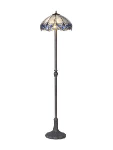 Pizza 2 Light Leaf Design Floor Lamp E27 With 40cm Tiffany Shade, Blue/Clear Crystal/Aged Antique Brass