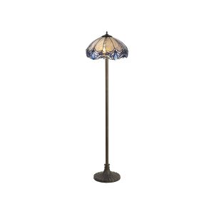 Pizza 2 Light Stepped Design Floor Lamp E27 With 40cm Tiffany Shade, Blue/Clear Crystal/Aged Antique Brass