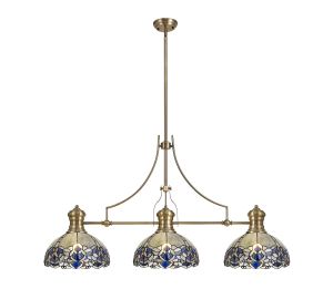 Pizza 3 Light Linear Pendant E27 With 30cm Tiffany Shade, Antique Brass, Blue, Clear Crystal