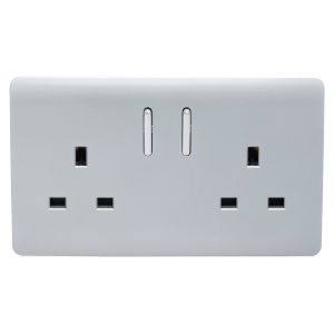 Trendi, Artistic Modern 2 Gang 13Amp Short Switched Double  Socket Silver Finish, BRITISH MADE, (25mm Back Box Required), 5yrs Warranty