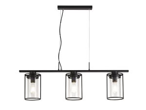 Porchetta Linear Pendant, 3 Light E27, Black/Clear Glass